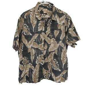 Panama Jack Men's SZ XL Black and Tan Leaf Print Shirt Ramie cotton blend